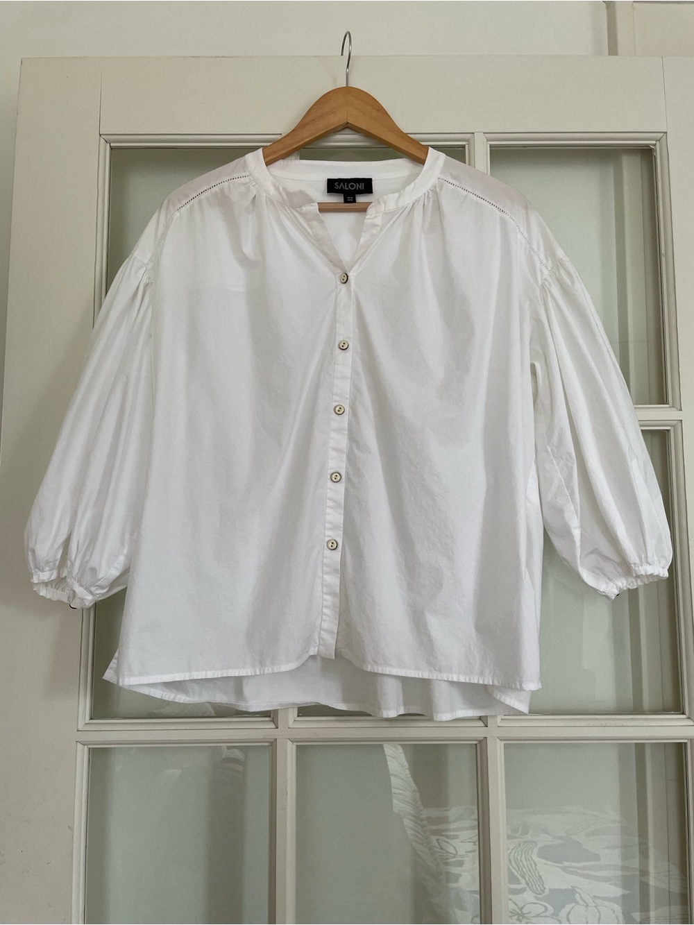 Saloni white cotton blouse bracelet length puff sleeves US 10